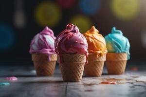 Colorful ice creams. Ice Cream scoops in waffle cones. Sweet desserts. Generative AI photo