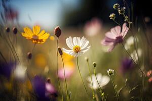 Flower meadow under a summer sky in color field. illustration photo