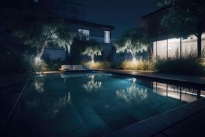 Empty rectangular blue swimming pool with sunbeds. Modern luxury pool evening view. photo