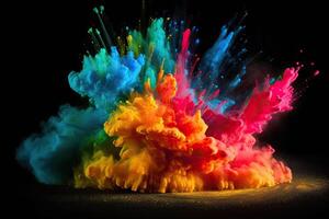 Colorful rainbow holi paint color powder explosion on dark black background. photo