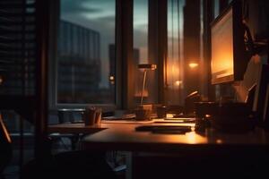 Modern office workspace with supplies. Blurred office workplace in the evening. photo