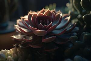 Green succulent plant with water drops. A striking macro shot. photo