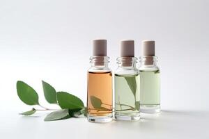 Cosmetic serum in a glass bottles with green leaves on light background. photo