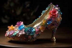 Womens high heeled slipper. Cinderellas slipper made crystal glass and diamonds. photo