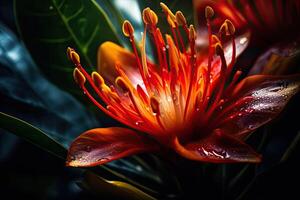 Fantasy exotic tropical flowers. Beautiful jungle floral background. photo