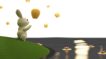 3d render do fofa Coelho personagem com iluminado lanternas, cheio lua, lótus flores png