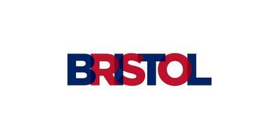 Bristol city in the United Kingdom that offers a unique blend of urban and historical landmarks. The design features a geometric style illustration with bold typography in a modern font vector