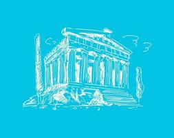 Acropolis in Athens. Landmark in Greece. Vector hand drawn illustration isolated on color background. Sketch