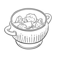 Pot of food. Dumplings, meat in a pot. Vector illustration isolated on white background in doodle style, icon