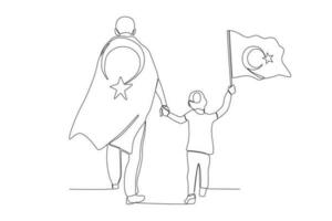 un padre y su hijo que lleva un turco bandera vector