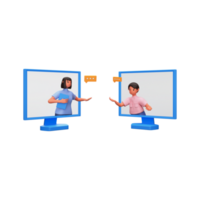 3D Render of Young Man And Woman Having Video Call Through Desktop png