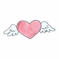 Hand-drawn cute heart with wings. Vector illustration isolated on white background. Symbol of love. Sticker for Valentine's day