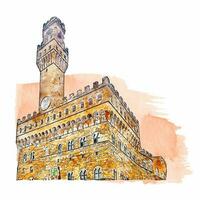 arquitectura palazzo vecchio Italia acuarela mano dibujado ilustración vector
