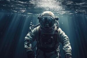 An astronaut is floating in the ocean. Spaceman in the underwater. photo