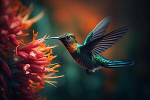 Colored tropical bird and surreal flowers. The hummingbird flies near to flower. photo