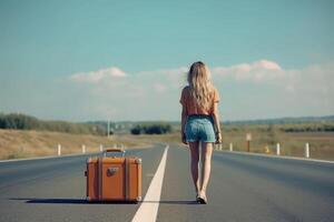 Beautiful millennial woman in casual wear hitchhiking on roadside. photo