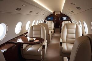 Luxury interior in the modern business jet and sunlight in the porthole. photo