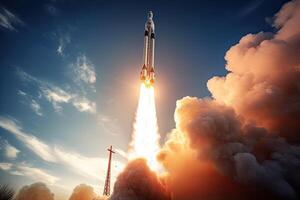 Rocket stars into space. Spaceship takes off into the sky on a mission. photo