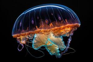 Jellyfishes swimming in the sea. Beautiful illuminated jellyfish. photo