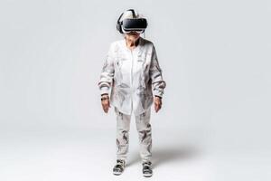 Old woman using virtual reality headset. VR gadgets, , education online game concept. photo