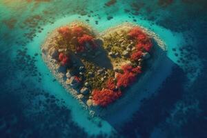 A tropical island in the middle of the ocean in the shape of heart. A place to relax. photo