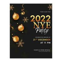 NYE Party Invitation Card With Bronze Baubles, Snowflakes And Golden Stars vector