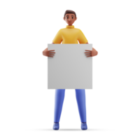 3D Render of Cartoon Young Man Holding Blank Paper Board png