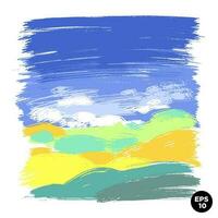 Wax crayon naive hand drawn grass meadow hills with blue sky. Vector pastel chalk background banner. Square landscape colorful backdrop.