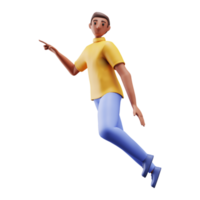 3d joven hombre saltando y señalando su dedo png