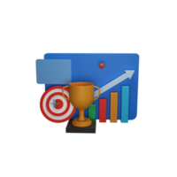 3D Render of Business Growth Graph With Dartboard And Trophy Cup png