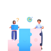 3D Render Of Business Man And Woman Working Together To Complete The Project Of Jigsaw Puzzle. png