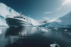 antártico paisaje con Embarcacion y icebergs el Embarcacion conducción mediante congelado mar. generativo ai foto