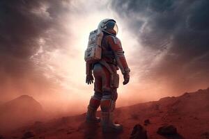 The astronaut in space suit walking on planet. Exploration of the planet's surface. photo