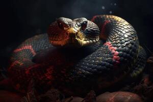 antiguo reptil con rojo ojos. peligroso venenoso exótico serpiente. generativo ai foto