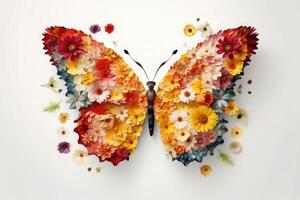 mariposa hecho de flores en blanco antecedentes. mínimo primavera o naturaleza concepto. generativo ai foto