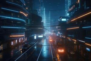 Neon night in a futuristic city. Wallpaper in a cyberpunk style. Empty street with neon lights reflecting in a water. photo