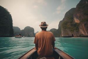 turista hombre en sombrero relajante en barco a el hermosa islas, espalda vista. generativo ai foto