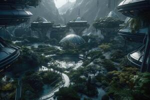 The space colony construction. Space expansion concept of human settlement in alien world. photo