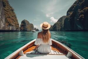 turista mujer en vestir relajante en barco a el hermosa islas, espalda vista. generativo ai foto