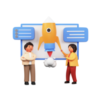 3D Render of Businessman And Woman Launching A Project of Rocket png