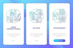 Stages of payroll processing blue gradient onboarding mobile app screen. Salary walkthrough 3 steps graphic instructions with linear concepts. UI, UX, GUI template vector