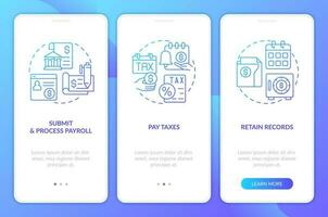 Stages of payroll processing blue gradient onboarding mobile app screen. Salary walkthrough 3 steps graphic instructions with linear concepts. UI, UX, GUI template vector