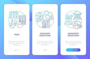 Payroll deductions types blue gradient onboarding mobile app screen. Withhold walkthrough 3 steps graphic instructions with linear concepts. UI, UX, GUI template vector