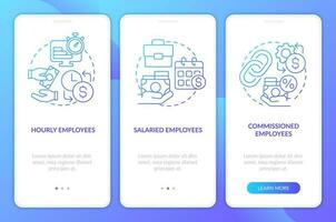 Payroll processing methods blue gradient onboarding mobile app screen. Wage walkthrough 3 steps graphic instructions with linear concepts. UI, UX, GUI template vector