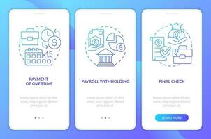 Employee grievances on wage issues blue gradient onboarding mobile app screen. Walkthrough 3 steps graphic instructions with linear concepts. UI, UX, GUI template vector