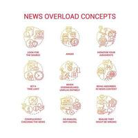 News overload red gradient concept icons set. Negative content. Media fatigue. Infoxication problems idea thin line color illustrations. Isolated symbols vector