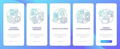 Payroll management software pros blue gradient onboarding mobile app screen. Walkthrough 5 steps graphic instructions with linear concepts. UI, UX, GUI template vector