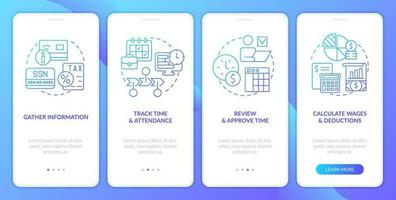 Payroll processing stages blue gradient onboarding mobile app screen. Wage walkthrough 4 steps graphic instructions with linear concepts. UI, UX, GUI template vector