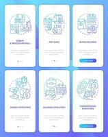 Payroll processing stages blue gradient onboarding mobile app screen set. Walkthrough 3 steps graphic instructions with linear concepts. UI, UX, GUI template vector