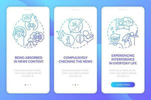 Information anxiety blue gradient onboarding mobile app screen. Walkthrough 3 steps graphic instructions with linear concepts. UI, UX, GUI template vector